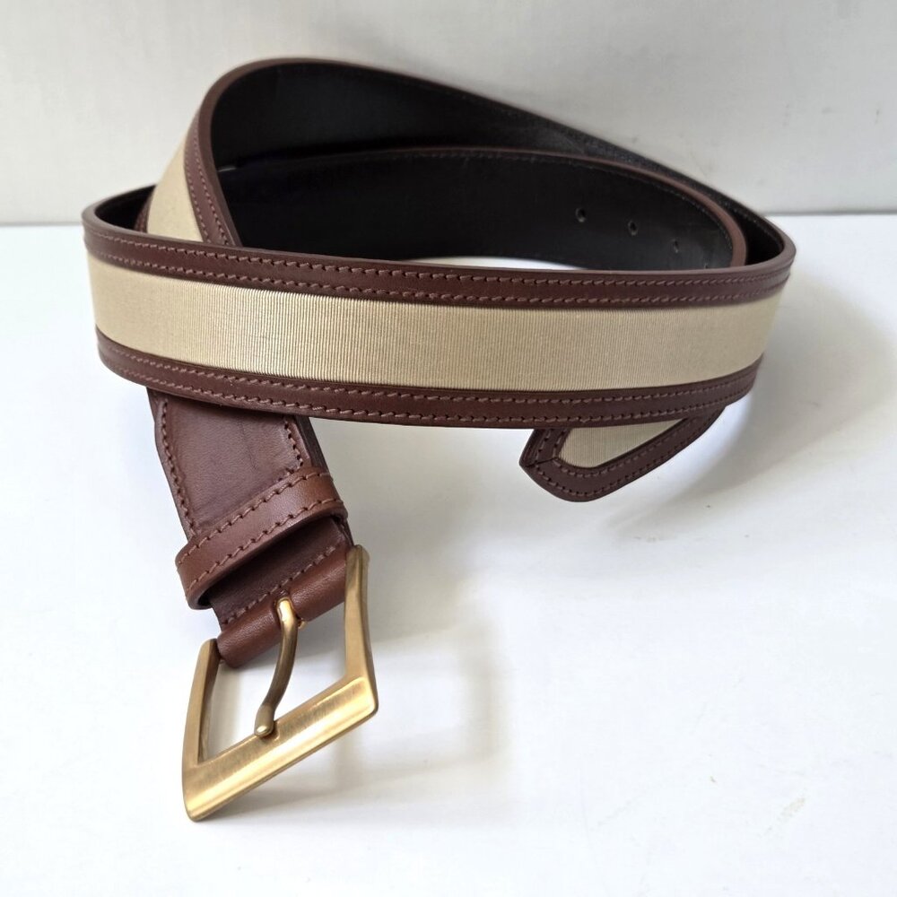 Tuttle Golf Belt Mens 36 Brown Leather Beige Linen Grosgrain Made in Italy NEW